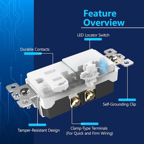 LIDER Matte Finish Lighted Combination Decorator Switch and Tamper-Resistant Receptacle with Screwless Wall Plate, Single Pole, Residential Grade, 15A 120V/125V, UL Listed, LCS1-1PTR-WSWP, White in Saudi Arabia