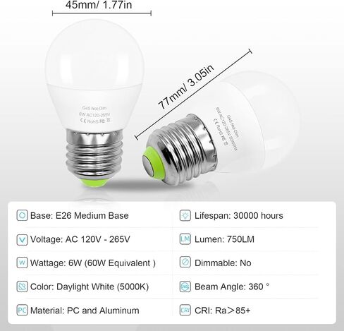 لمبة LED كروية صغيرة 6 وات E26 مكافئة 60 وات G45/A15 E26 قاعدة لولبية قياسية 120 فولت-265 فولت ضوء نهاري أبيض 750LM مقاومة للماء لإضاءة الثلاجة قلادة مرآة الغرور إضاءة منزلية غير قابلة للتعتيم (عبوتان) in Saudi Arabia