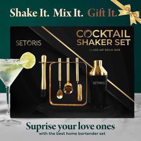 Cocktail Shaker Set - Mixology Bartender Kit with All Essential Bar Cart Accessories - Golden-Black Shaker Set Bartender Kit, Marble Look Bar Set Cocktail Shaker Set - Cocktail Kit Gift - Bar Kit in Saudi Arabia