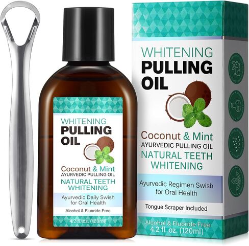 Coconut Pulling Oil for Teeth Whitening(4.2 Fl.Oz),Mouthwash Mint Oil Pulling with Tongue Scraper,Natural Coconut & Peppermint Oil Mouthwash,Supports Healthy Gums,Dye Free,Fresh Breath in Kuwait
