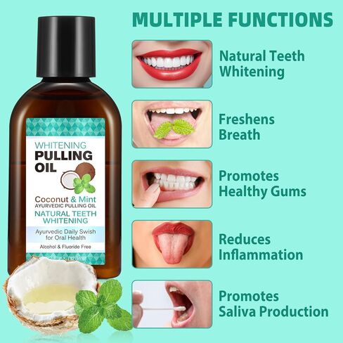 Coconut Pulling Oil for Teeth Whitening(4.2 Fl.Oz),Mouthwash Mint Oil Pulling with Tongue Scraper,Natural Coconut & Peppermint Oil Mouthwash,Supports Healthy Gums,Dye Free,Fresh Breath in Kuwait