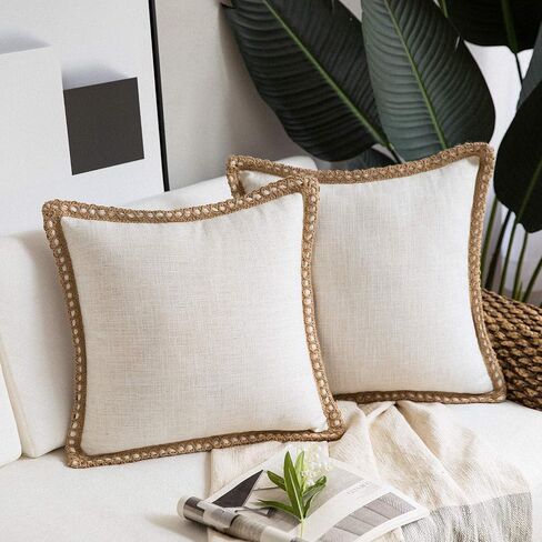 Phantoscope Pack of 2 Farmhouse Modern Fall Decorative Throw Pillow Covers Burlap Linen Trimmed Outdoor Pillows Tailored Edges Off White 18 x 18 inches, 45 x 45 cm in Saudi Arabia
