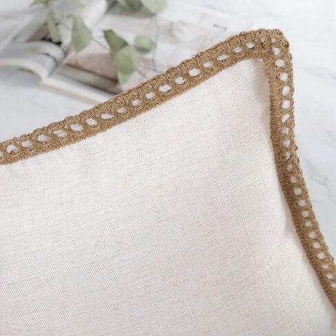 Phantoscope Pack of 2 Farmhouse Modern Fall Decorative Throw Pillow Covers Burlap Linen Trimmed Outdoor Pillows Tailored Edges Off White 18 x 18 inches, 45 x 45 cm in Saudi Arabia