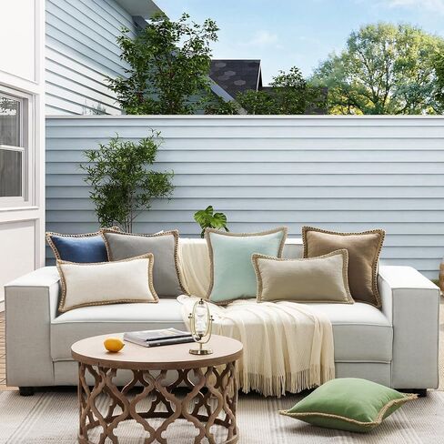 Phantoscope Pack of 2 Farmhouse Modern Fall Decorative Throw Pillow Covers Burlap Linen Trimmed Outdoor Pillows Tailored Edges Off White 18 x 18 inches, 45 x 45 cm in Saudi Arabia