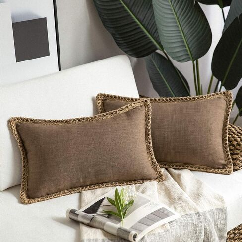 Phantoscope Pack of 2 Farmhouse Modern Fall Decorative Throw Pillow Covers Burlap Linen Trimmed Outdoor Pillows Tailored Edges Off White 18 x 18 inches, 45 x 45 cm in Saudi Arabia