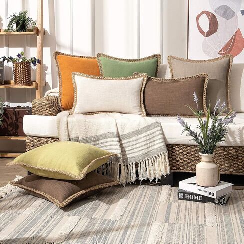 Phantoscope Pack of 2 Farmhouse Modern Fall Decorative Throw Pillow Covers Burlap Linen Trimmed Outdoor Pillows Tailored Edges Off White 18 x 18 inches, 45 x 45 cm in Saudi Arabia