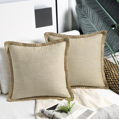 Phantoscope Pack of 2 Farmhouse Modern Fall Decorative Throw Pillow Covers Burlap Linen Trimmed Outdoor Pillows Tailored Edges Off White 18 x 18 inches, 45 x 45 cm in Saudi Arabia