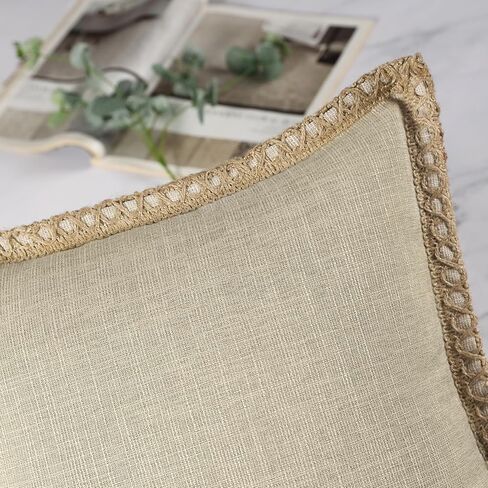 Phantoscope Pack of 2 Farmhouse Modern Fall Decorative Throw Pillow Covers Burlap Linen Trimmed Outdoor Pillows Tailored Edges Off White 18 x 18 inches, 45 x 45 cm in Saudi Arabia