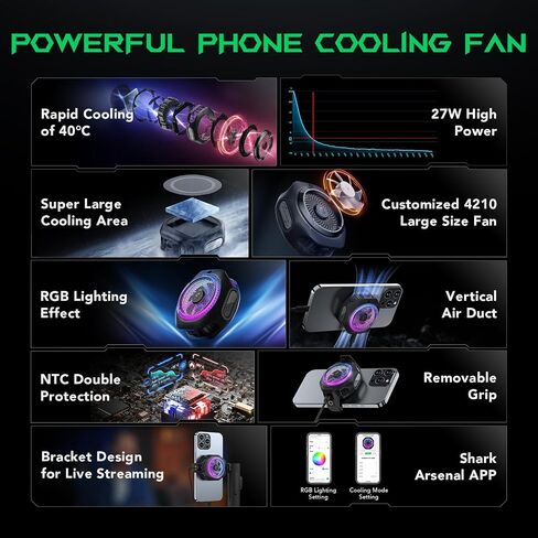 Phone Cooler, Black Shark FunCooler 4 Pro Phone Cooling Fan RGB Ligh, App, Smart Cooling Modes for Gaming & Video Streaming & Car Driving 27W Cellphone Radiator for 2.59-3.46IN iPhone&Android Phones in Saudi Arabia