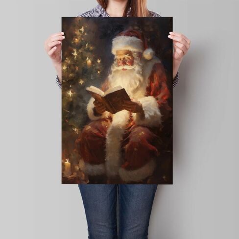 Wodkodnxy Vintage Christmas Canvas Wall Art, Santa Claus Reading Booking Pictures for Wall Decor, Merry Christmas Poster Hobby Lobby Santa Picture, Xmas Wall Decorations Gifts 16x24in Unframed in Saudi Arabia