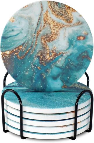 Blue Marble Ceramic Coasters with Holder Absorbent Drink Coaster Set Outdoor Round Abstract Cute Table Decorative Coffee Cup Beverage Fun Wine Beer Bar Gold Housewarming 6 Pack in Saudi Arabia