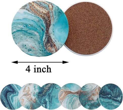 Blue Marble Ceramic Coasters with Holder Absorbent Drink Coaster Set Outdoor Round Abstract Cute Table Decorative Coffee Cup Beverage Fun Wine Beer Bar Gold Housewarming 6 Pack in Saudi Arabia