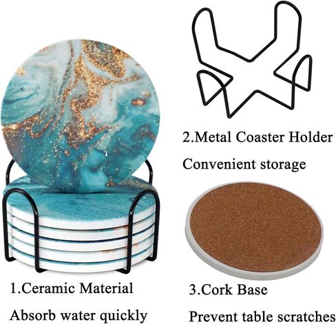 Blue Marble Ceramic Coasters with Holder Absorbent Drink Coaster Set Outdoor Round Abstract Cute Table Decorative Coffee Cup Beverage Fun Wine Beer Bar Gold Housewarming 6 Pack in Saudi Arabia