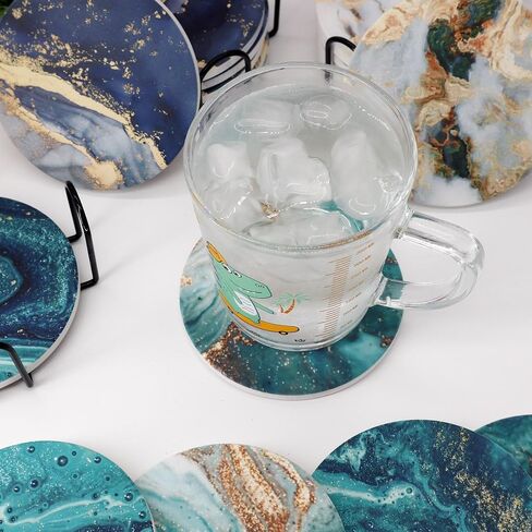 Blue Marble Ceramic Coasters with Holder Absorbent Drink Coaster Set Outdoor Round Abstract Cute Table Decorative Coffee Cup Beverage Fun Wine Beer Bar Gold Housewarming 6 Pack in Saudi Arabia