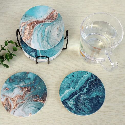 Blue Marble Ceramic Coasters with Holder Absorbent Drink Coaster Set Outdoor Round Abstract Cute Table Decorative Coffee Cup Beverage Fun Wine Beer Bar Gold Housewarming 6 Pack in Saudi Arabia