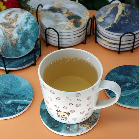 Blue Marble Ceramic Coasters with Holder Absorbent Drink Coaster Set Outdoor Round Abstract Cute Table Decorative Coffee Cup Beverage Fun Wine Beer Bar Gold Housewarming 6 Pack in Saudi Arabia