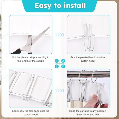 Curtain Pleat Tape, 10 Meters/11 Yards Pleater Tape for Curtains, Included 30 Stainless Steel 4 Prongs Curtain Pleat Hooks and 30 Hanging Rings, White Pinch Pleat Curtain in Saudi Arabia