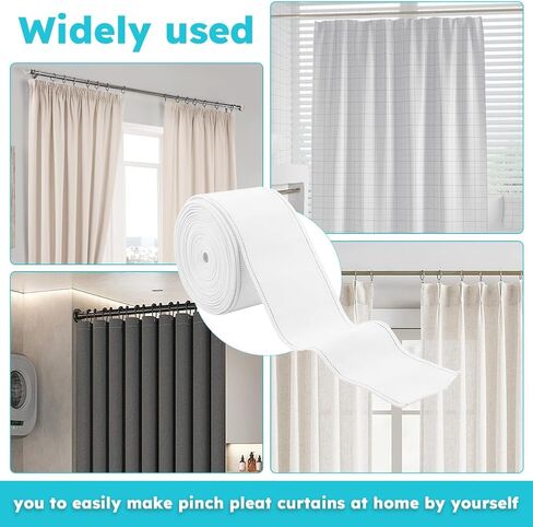 Curtain Pleat Tape, 10 Meters/11 Yards Pleater Tape for Curtains, Included 30 Stainless Steel 4 Prongs Curtain Pleat Hooks and 30 Hanging Rings, White Pinch Pleat Curtain in Saudi Arabia