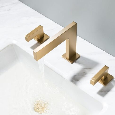 Brass brushed bronze 2-handle Waterfall Widespread Bathroom Sink Faucet with Drain Assembly, Brushed Brass Gold in Saudi Arabia