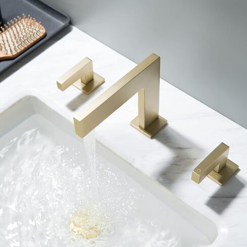 Brass brushed bronze 2-handle Waterfall Widespread Bathroom Sink Faucet with Drain Assembly, Brushed Brass Gold in Saudi Arabia