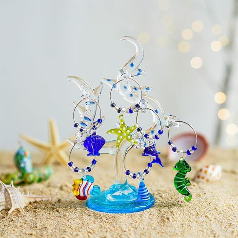 HDCRYSTALGIFTS شجرة مرجانية زجاجية مقاس 5.5 بوصة مع زخارف ساحرة للنبيذ - مجموعة من 6 صانعات زجاج نبيذ للحياة البحرية لعيد الميلاد ورأس السنة الجديدة وحفلات تذوق الهدايا in Saudi Arabia