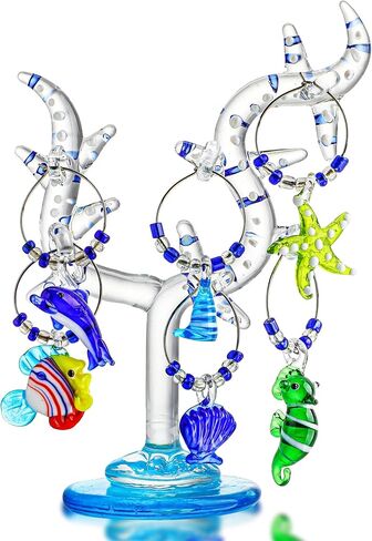HDCRYSTALGIFTS شجرة مرجانية زجاجية مقاس 5.5 بوصة مع زخارف ساحرة للنبيذ - مجموعة من 6 صانعات زجاج نبيذ للحياة البحرية لعيد الميلاد ورأس السنة الجديدة وحفلات تذوق الهدايا in Saudi Arabia