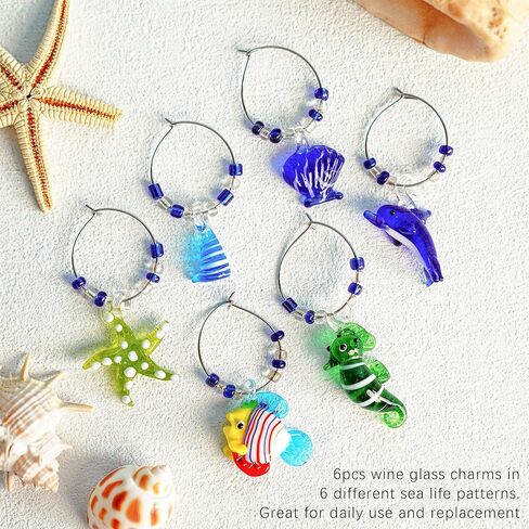 HDCRYSTALGIFTS شجرة مرجانية زجاجية مقاس 5.5 بوصة مع زخارف ساحرة للنبيذ - مجموعة من 6 صانعات زجاج نبيذ للحياة البحرية لعيد الميلاد ورأس السنة الجديدة وحفلات تذوق الهدايا in Saudi Arabia