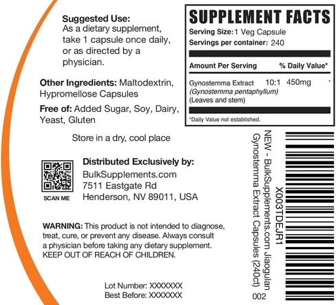 BulkSupplements.com كبسولات Jiaogulan - كبسولات مستخلص الجينوستيما، مستخلص الجينوستيما بنتافيلوم، ما يعادل Jiaogulan 9000 مجم - كبسولة واحدة، كمية تكفي 240 يومًا، 240 كبسولة نباتية (قد تختلف التعبئة) in Saudi Arabia
