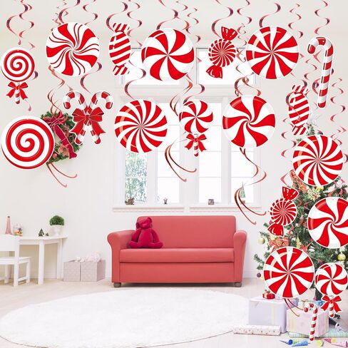 30 Pcs Christmas Hanging Swirl Decorations Christmas Candy Theme Hanging Ceiling Swirls Streamers Red White Candy Cane Decor Ornaments for Winter Christmas Tree Decor Holiday Home Party Supplies in Saudi Arabia