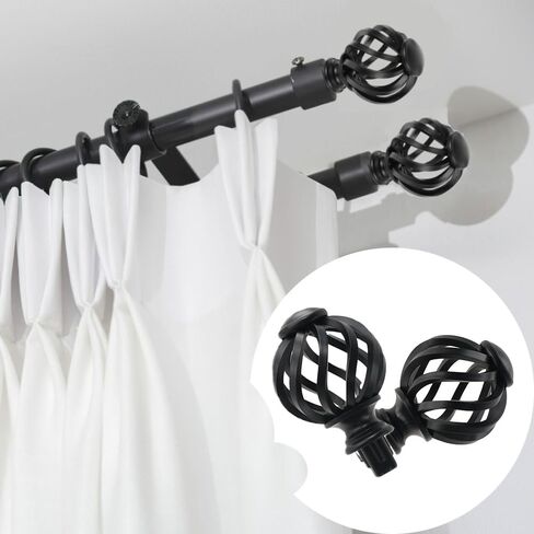 2Pcs Plastic Round Curtain Rod Finials, Black Drapery Rods Ball End Window Treatment Finials of Spiral Cage Shape for Home Office 3/4 Inch Curtain Rod in Saudi Arabia