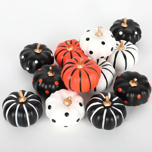 Whaline 12Pcs Halloween Pumpkin Decor White Black Orange Artificial Pumpkins Dot Stripe Faux Pumpkin Ornaments for Holiday Home Party Decor Supplies, 2.9 x 2.5 in in Saudi Arabia
