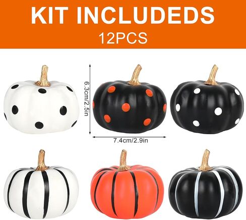 Whaline 12Pcs Halloween Pumpkin Decor White Black Orange Artificial Pumpkins Dot Stripe Faux Pumpkin Ornaments for Holiday Home Party Decor Supplies, 2.9 x 2.5 in in Saudi Arabia