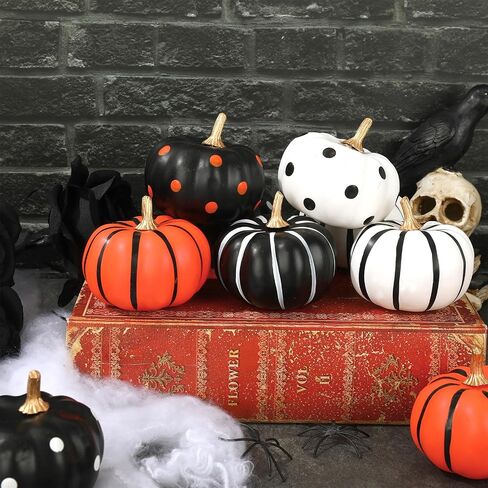 Whaline 12Pcs Halloween Pumpkin Decor White Black Orange Artificial Pumpkins Dot Stripe Faux Pumpkin Ornaments for Holiday Home Party Decor Supplies, 2.9 x 2.5 in in Saudi Arabia