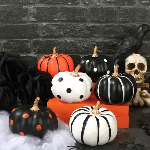 Whaline 12Pcs Halloween Pumpkin Decor White Black Orange Artificial Pumpkins Dot Stripe Faux Pumpkin Ornaments for Holiday Home Party Decor Supplies, 2.9 x 2.5 in in Saudi Arabia