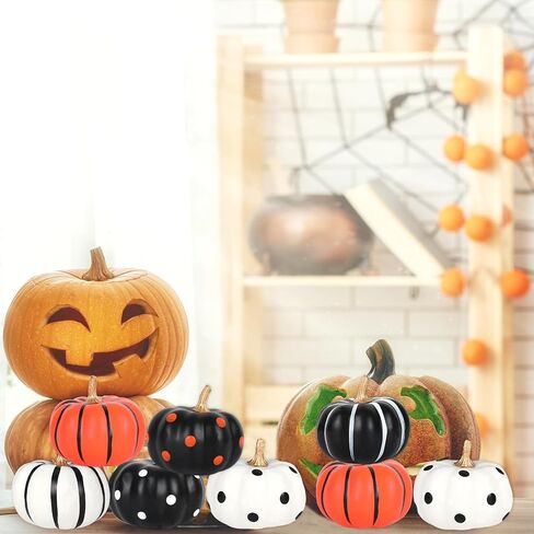 Whaline 12Pcs Halloween Pumpkin Decor White Black Orange Artificial Pumpkins Dot Stripe Faux Pumpkin Ornaments for Holiday Home Party Decor Supplies, 2.9 x 2.5 in in Saudi Arabia