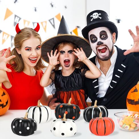 Whaline 12Pcs Halloween Pumpkin Decor White Black Orange Artificial Pumpkins Dot Stripe Faux Pumpkin Ornaments for Holiday Home Party Decor Supplies, 2.9 x 2.5 in in Saudi Arabia