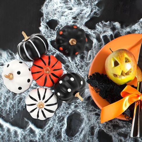 Whaline 12Pcs Halloween Pumpkin Decor White Black Orange Artificial Pumpkins Dot Stripe Faux Pumpkin Ornaments for Holiday Home Party Decor Supplies, 2.9 x 2.5 in in Saudi Arabia