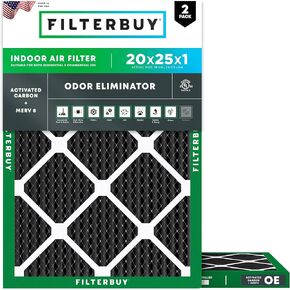 Filterbuy 20x25x1 Air Filter MERV 8 Odor Eliminator (2-Pack), Pleated HVAC AC Furnace Air Filters Replacement with Activated Carbon (Actual Size: 19.50 x 24.50 x 0.75 Inches)