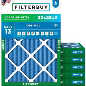 Filterbuy 20x25x2 Air Filter MERV 13 Optimal Defense (6-Pack), Pleated HVAC AC Furnace Air Filters Replacement (Actual Size: 19.50 x 24.50 x 1.75 Inches)