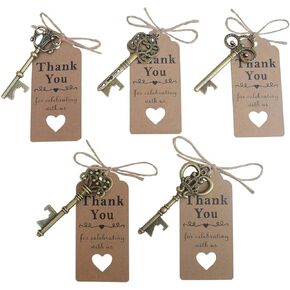 50 Pcs Bronze Skeleton Key Beer Bottle Opener With 100 Pcs Thank You Card and 98 Feet Hemp Rope for Wedding Party Favors (50pcs Bronze)