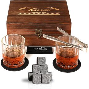 Whiskey Stones Gift Set for Men Dad Father’s Day Whiskey Glasses Set 2 Bourbon Glasses 8 Granite Chilling Rocks with Tongs Perfect for House Warming Anniversary Birthday for Men