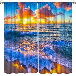 Ocean Scenic Curtains, Summer Tropical Beach Landscape Hawaiian Coastal Wave Scenery Print Rod Pocket Window Treatments Drapes for Bedroom Kitchen Bathroom42x63in