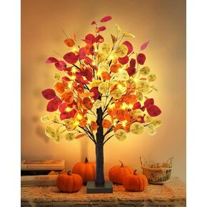 24 Inch Fall Tree with Lights, Fall Light Up Eucalyptus Table Tree 24 LED Artificial Lighted Fall Tree with Timer for Autumn Thanksgiving Birthday Centerpieces Indoor Outdoor Home Decor