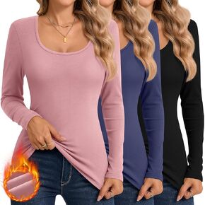 Ficerd 3 Pack Women's Thermal Long Sleeve Shirts Fleece Lined Scoop Neck Stretch Fitted Tops Winter Base Layer Underwear