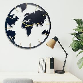 24" Large Modern Round Wall Clock with Silent Non-Ticking Battery Powered Movement | World Map Metal Clock for Living Room, Home, Kitchen, Bedroom, Office, School Decor