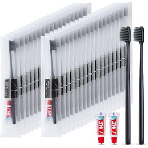 50 Pack Black Disposable Toothbrushes with Toothpaste Mini Individually Wrapped,Travel Size Toothbrush and Toothpase Set Kit,On the Go Toothbrush Disposable for Travel,Hotel,Guest Bathroom Essentials