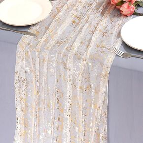 LOMOHOO Sheer Gold Table Runner Golden Romantic Runners Wedding Glitter Table Runners 27 x 118 Inches Gauze Boho Table Cover Bridal Baby Shower Birthday Party Table Decoration