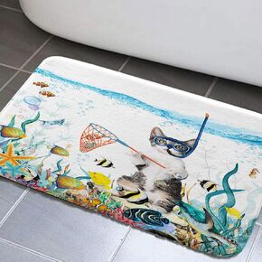 Funny Cat Bathroom Rugs, Ocean Sea Animal Bath Rugs, Teal Blue Sea Ocean Bath Mat with Animal Octopus Starfish Turtle Bathroom Rugs, Tropical Fish Coral Underwater Bath Mats, 17x29Inch, Blue