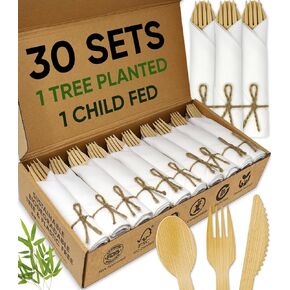 Premium Pre-Rolled Napkin and Bamboo Cutlery Set (50 Pack, 200 PCS) 100% Biodegradable, Eco-Friendly, Disposable Wrapped Cutlery - Includes Pre-Wrapped Bamboo Forks, Knives, Spoons, & Napkins