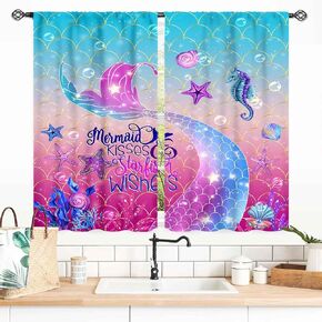 Mermaid Curtains for Kids Girls Bedroom, Fantasy Princess Rainbow Colorful Cute Mermaid Tail Fish Scale Pink Dream Ocean Anime Blackout Drapes for Living Room Kids Baby Room Nursery, 42"x45" Inch
